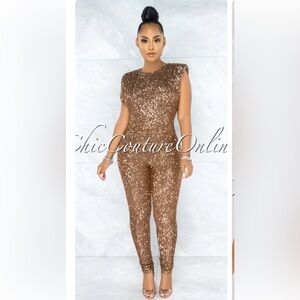 Catalina Bronze Sequin Padded Shoulder Jumpsuit